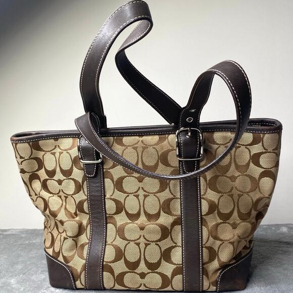 Coach Signature 6042 Canvas Leather Tote Bag Brown Used - Picture 1 of 12